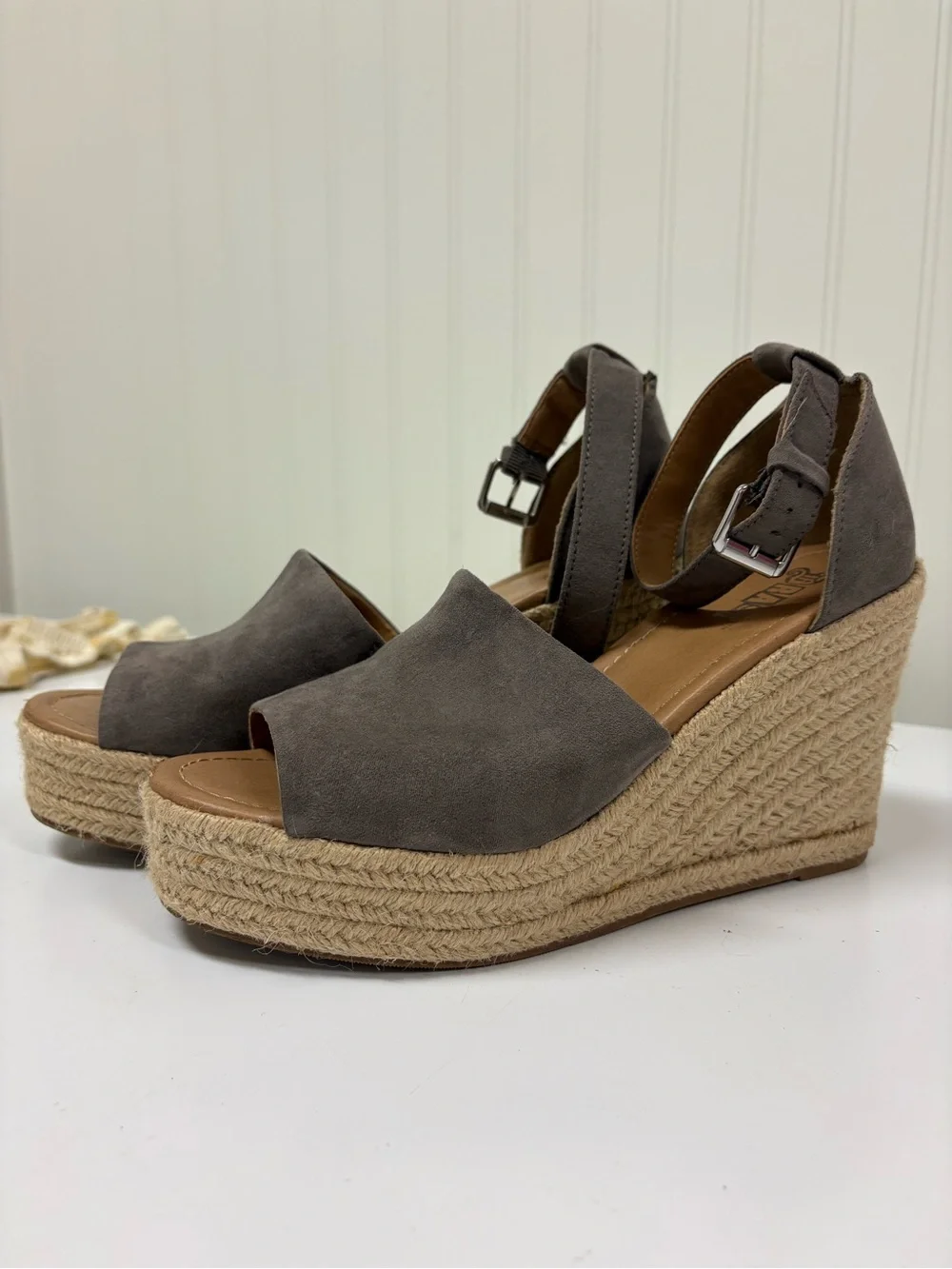 Brash Gray Suede Espadrille Wedge Sandals with Ankle Buckle